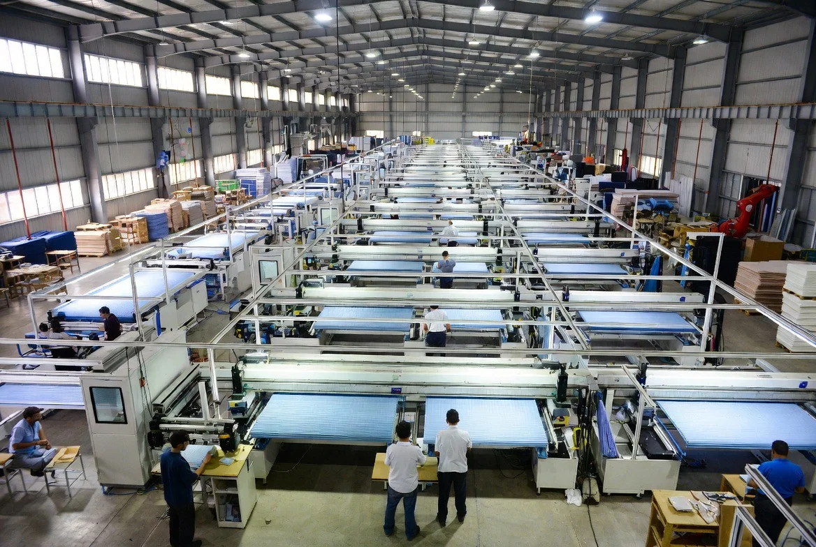 Overhead view of parallel automated production lines