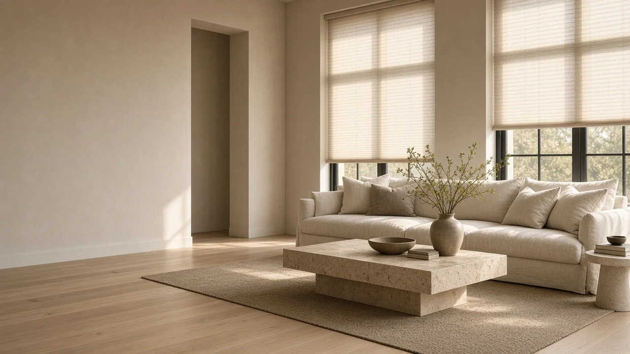 Illustrative visualisation of light cellular shades in a calm living room